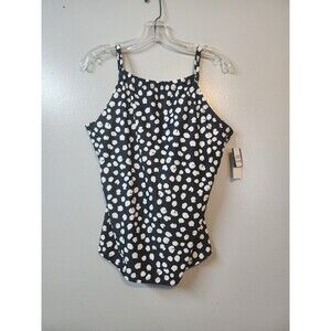 NEW Island Escape Tankini Swim Top Full Bust Underwire Black Polka Dot SZ 12